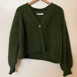 Zara Dark Olive Textured V-Neck Button Cardigan